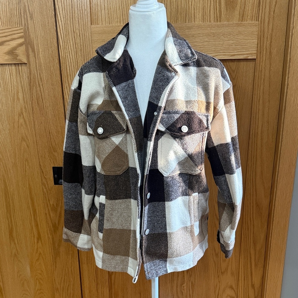 Coco + Carmen Brown and Cream Plaid Shacket Jacket